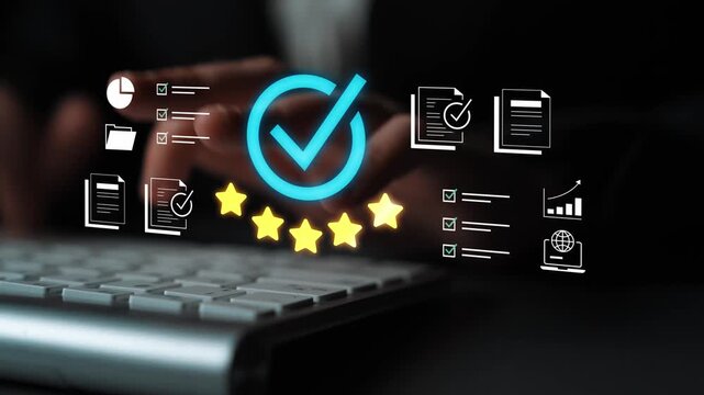 Digital interface showcasing a checkmark symbol representing verification process alongside records, charts, and spreadsheets for quality assurance tasks. Gluon.