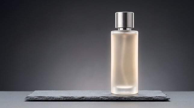 Frosted glass perfume bottle standing upright on a dark stone slate slab
