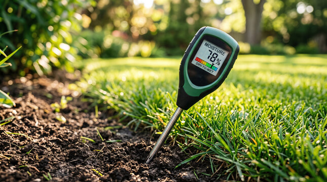 Digital soil moisture meter measuring grass lawn hydration in sunny garden.