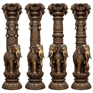 Monumental carved stone temple pillars with elephant sculptures and ornate architectural detailing isolated on white