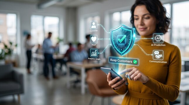 Thoughtful Customer Success Manager Interacting with Futuristic Customer Loyalty AI Shield Icon on Modern CRM Office Background
