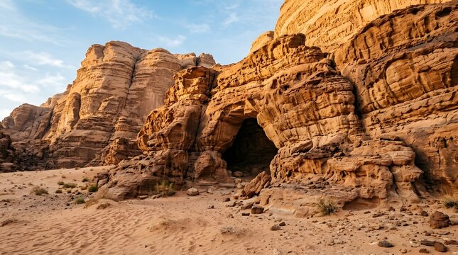 Natural cave entrance in a desert sandstone mountain