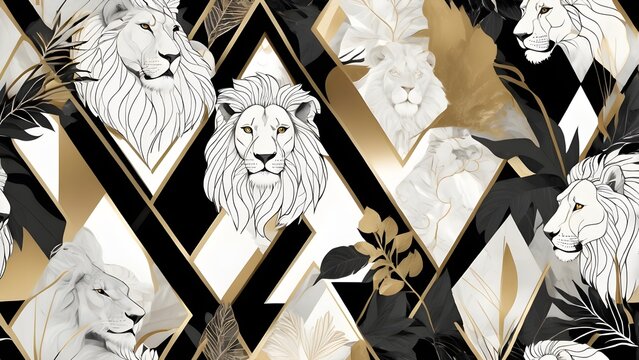 Luxury Lion Head Seamless Pattern. Elegant Art Deco Geometric Design with Gold, Black, and White Wild Animal Illustration Background.