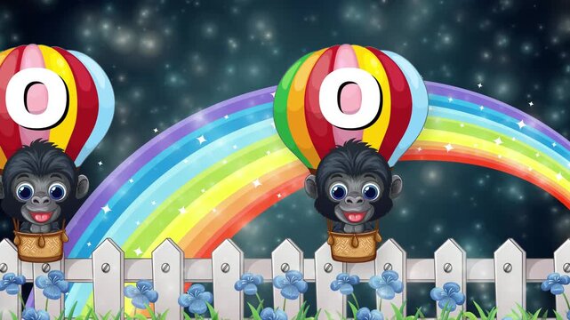 Cartoon Gorillas in Hot Air Balloons Floating Over Rainbow and Fence