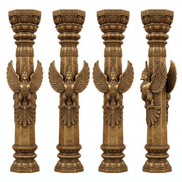 Carved stone temple pillars with prominent winged bird sculptures and ornate traditional architectural details