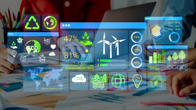Digital Interface with Environmental Icons, Graphs and Charts Demonstrating Sustainability Concepts in a Modern Workspace. Entropy.