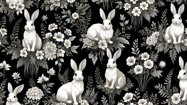 Elegant seamless pattern with white rabbits and detailed floral elements on a black background. Vintage-inspired design.