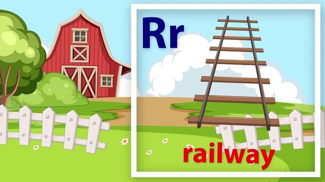 Educational Cartoon Animation of Letter R with Railway and Farm Background