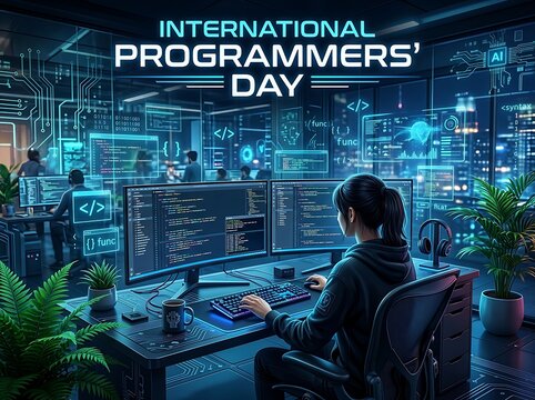 International programmers day celebration with a female developer working on code in a modern hightech office with digital interface elements