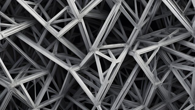 Abstract geometric network structure background with interconnected metallic lines creating a complex truss pattern and modern design.