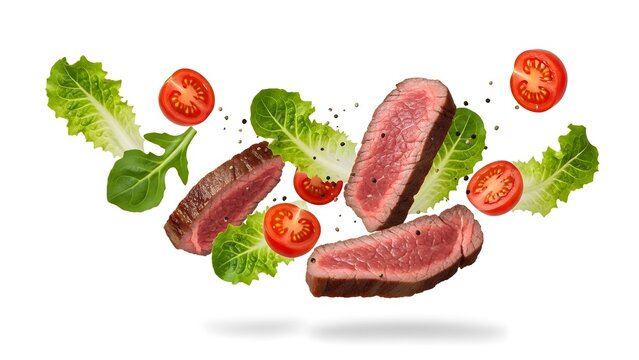 Fresh Sliced Grilled Beef Steak with Floating Cherry Tomatoes and Green Salad Leaves