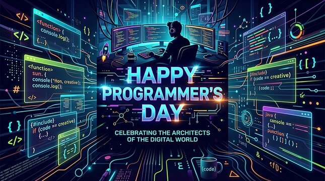 Happy programmers day digital illustration featuring a coder at a desk surrounded by glowing code snippets, circuit lines, and futuristic technology elements