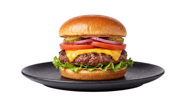Cheeseburger on black plate png isolated on transparent background
