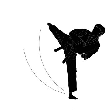 Silhouette karste athlete kicking design vector,karate athlete kick pose design illustration,black karate sidekick design image, karate kick sillhouette stock vector 