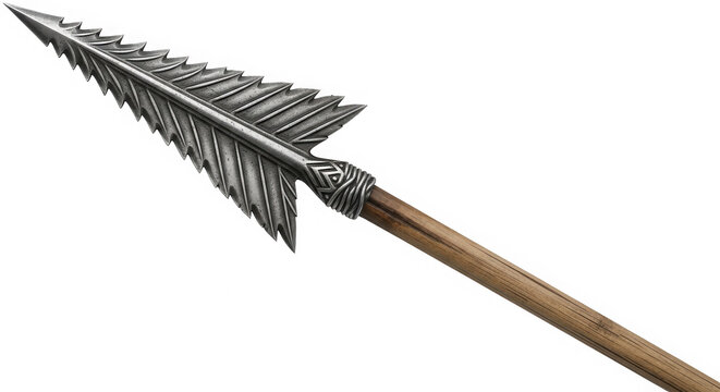 Sharp metal spear head with a wooden handle for hunting and medieval combat isolated on transparent background