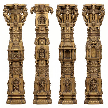 Intricately carved stone temple pillars with recessed shrine niches and elaborate traditional architectural details