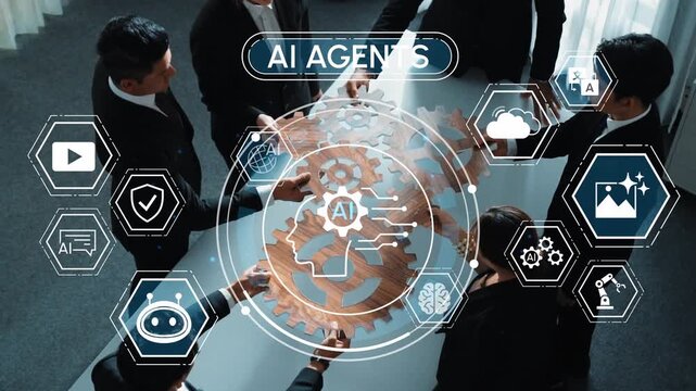 Business team collaborating on innovative AI strategies with digital icons, showcasing teamwork, technology, and the future of artificial intelligence solutions. Entropy.