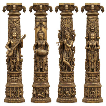 Intricately carved stone temple pillars with sculpted musicians and traditional architectural detailing
