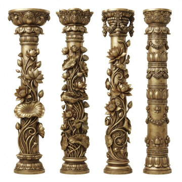 Decorative carved stone temple pillars with floral vine ornamentation and traditional architectural details