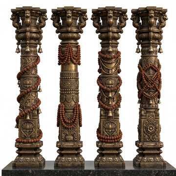 Carved stone temple pillars with ceremonial bead garlands and ornate architectural ornamentation