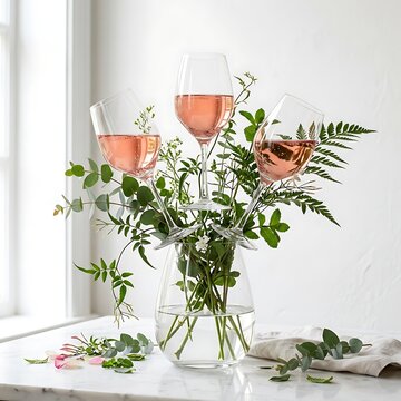 Three wine glasses filled with rose wine arranged in a glass vase with greenery