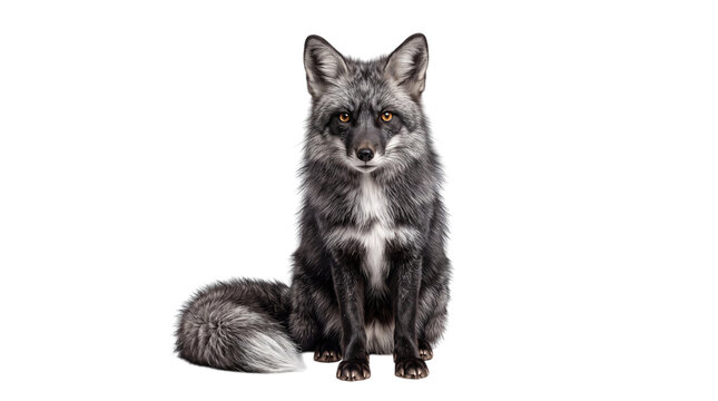 Silver fox sitting and looking png isolated on transparent background