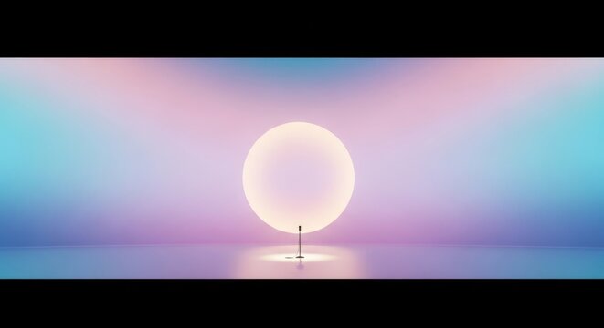Lone figure stands before a glowing ovular portal in a surreal pastel landscape