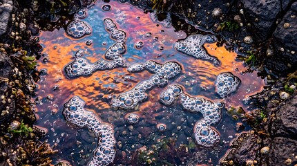 Obraz premium Iridescent oil spill in a rocky tide pool, colorful chemical pollution on water surface, environmental contamination with sea foam and barnacles