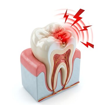 3d illustration of a molar tooth with a deep cavity and severe toothache, isolated on white background