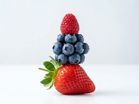A creative stack of fresh berries including a strawberry base, a cluster of blueberries, and a single raspberry on top, isolated on white background