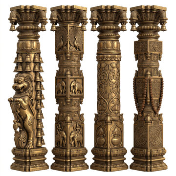 Decorative carved stone temple pillars with guardian figures, bead garlands, and ornate architectural details