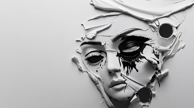 A textured, artistic interpretation of a face, blending white and black elements, emerging from the background