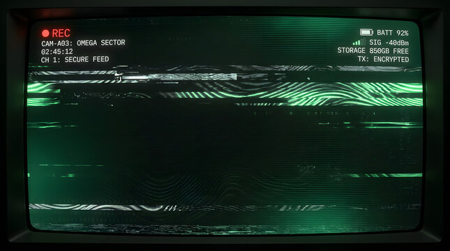 Futuristic green security camera interface with a digital glitch effect and a corrupted signal display.