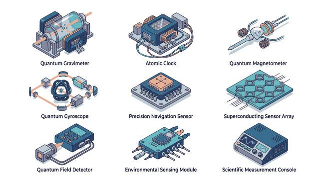 Collection of isometric illustrations depicting various advanced scientific and quantum measurement devices.