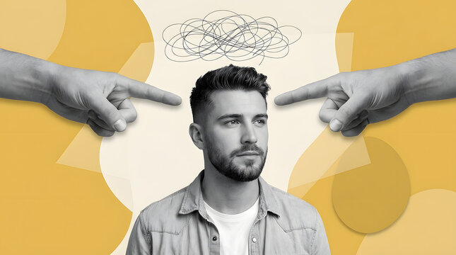 Conceptual pop art collage of a stressed man facing accusation, blame, and mental confusion with pointing fingers.