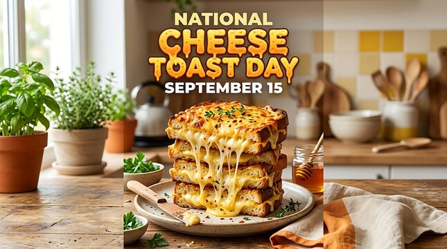 National cheese toast day celebration featuring a delicious stack of melted cheesy toast on a rustic kitchen table with herbs and honey on september 15