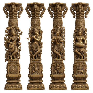 Ornate carved stone temple pillars featuring sculpted musicians and intricate traditional architectural ornamentation