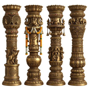 Decorative carved stone temple pillars with ceremonial garlands, lotus-inspired capitals, and ornate architectural details