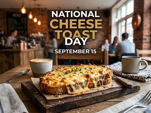 National cheese toast day celebration with a delicious melted cheese toastie served on a rustic wooden board in a cozy cafe setting on september 15