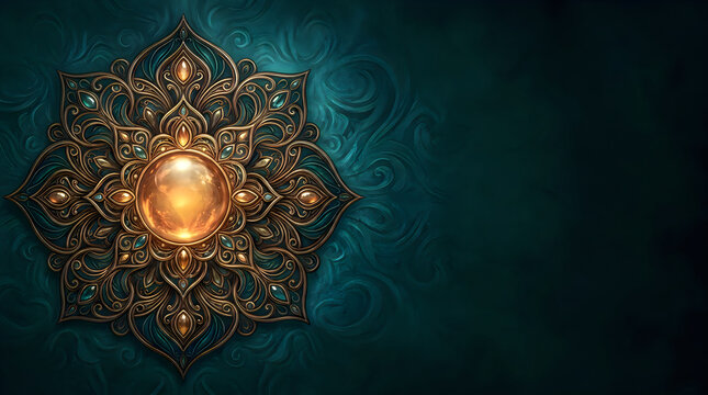 Beautiful glowing mandala design for diwoli festival celebration with intricate golden patterns on a dark teal background