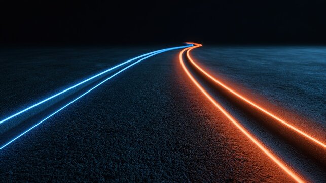 Low angle abstract digital composition with glowing blue and orange flowing curved lines on dark textured floor, high‑tech futuristic scene