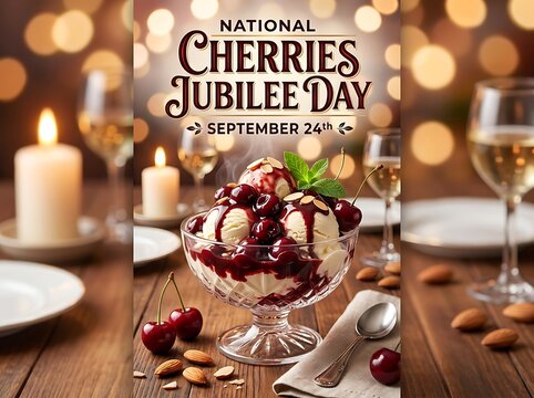 National cherries jubilee day celebration poster with ice cream dessert