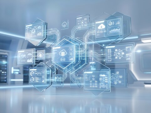 Futuristic digital cloud computing and data network infrastructure visualization in a hightech server room environment
