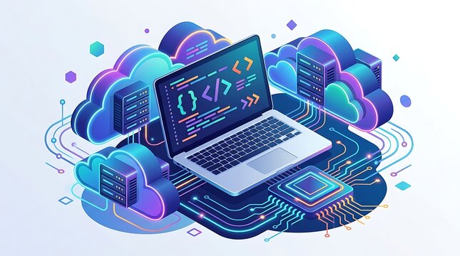 Isometric illustration of cloud computing and software development with a laptop, server racks, and digital circuit board on a dark background
