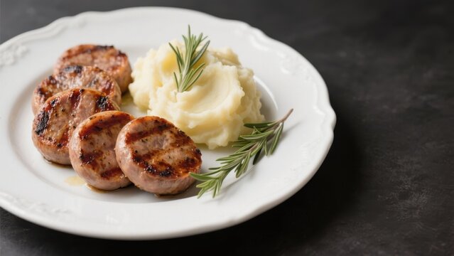 A Close-Up of a Steamed Morsels of Chicken and Mashed Potatoes with Fresh Rosemary Garnish in a