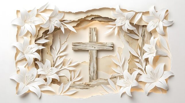 3D paper cut lilies surrounding wooden cross religious art.