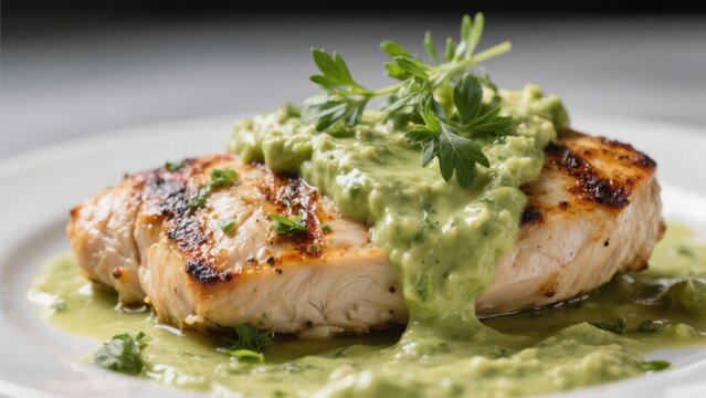 A juicy roasted chicken breast on a white plate garnished with fresh herbs and a rich creamy sauce