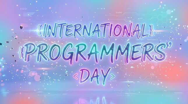 International programmers day celebration graphic with neon glowing text and digital circuit board elements on a colorful abstract background