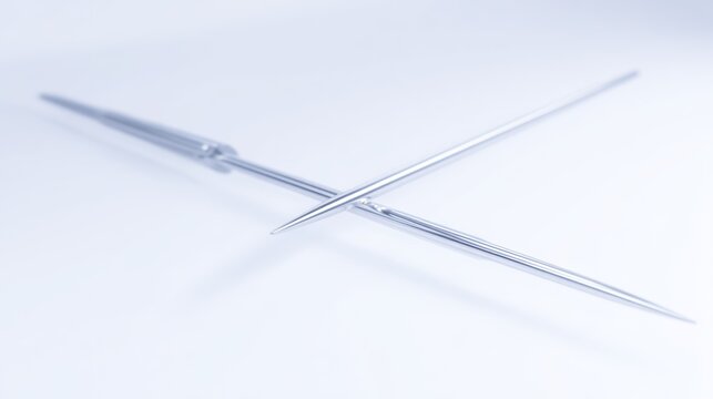 Metallic needle crossed on white surface against a soft light background