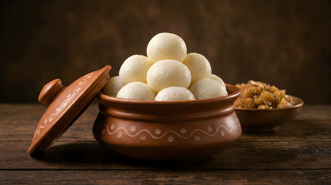 Traditional indian rasgulla sweet served in a decorative brass pot for the festive celebration of diwoli and diwali